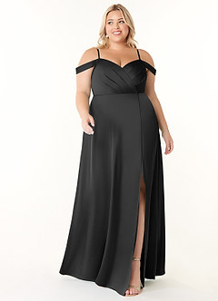 Azazie Ocean Vestidos de damas de honor Vestido de Negro de Satén Elástico de Corte en A con Cuello en V Plisado image6