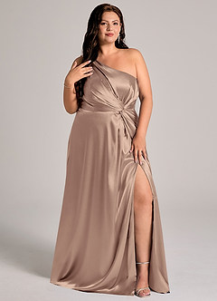 Azazie Brooke Bridesmaid Dresses Taupe A-Line One Shoulder Metallic Satin Dress image5