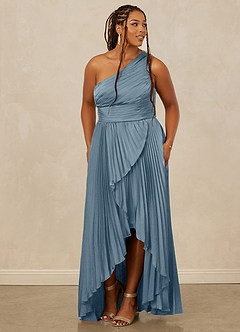 Christian Siriano Bridal for Azazie 1008 Robes de demoiselle d'honneur Robe Trapèze en Satin extensible Ue épaule Bleu Poussiéreux image11