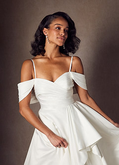 Azazie Alexandria Wedding Dresses Diamond White A-Line Off the Shoulder Matte Satin Dress image6