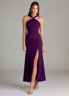 Azazie Rue Bridesmaid Dresses Grape Mermaid Pleated Stretch Satin Dress image3