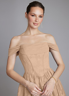 Azazie Raisa Bridesmaid Dresses Champagne A-Line Off the Shoulder Floral Burnout Dress image4