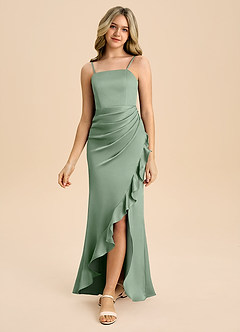 Azazie Buzzy Junior 쉬스 주름진 스트레치 새틴 플로어 길이 주니어 신부 들러리 드레스 image5