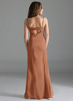 Azazie Leonis Junior Vestido Bronzeador de Cetim elástico de Linha A com Plissado image2