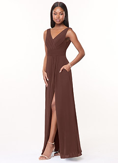 Azazie Karina Bridesmaid Dresses Espresso A-Line Pleated Chiffon Dress image3