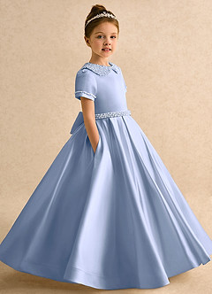 Azazie Gabriella Flower Girl Dresses Ice Ball-Gown with Sleeves Matte Satin Dress image3
