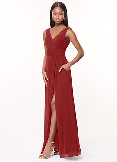 Azazie Karina Robes de demoiselle d'honneur Robe Trapèze en Mousseline de soie Plissée Rouille image3