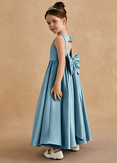 Azazie Bettie Flower Girl Dresses Moody Blue A-Line Bow Matte Satin Dress image3