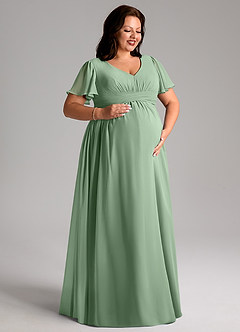Azazie Verna Robes de demoiselle d'honneur de maternité Robe Trapèze Col V froncé Longueur ras du sol Mousseline de soie image10
