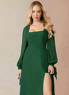 Azazie Leonia Bridesmaid Dresses Dark Green A-Line Long Sleeve Chiffon Dress image5