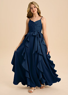 Azazie Peyton Junior Dark Navy A-Line Pleated Stretch Satin Dress image5