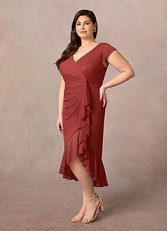 Azazie Renetta Mother of the Bride Dresses Rust Sheath V-Neck Pleated Mesh Dress image9