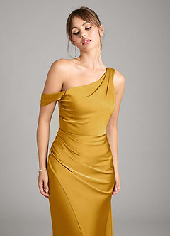 Azazie Madelyn Jurken voor bruidsmeisjes Converteerbaar Jurk van Stretch Satijn met Zeemeermin One-Shoulder Boterbabbelaar image4