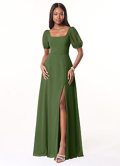 Azazie Alani Robes de demoiselle d'honneur Robe Trapèze en Mousseline de soie Encolure carrée Olive image1