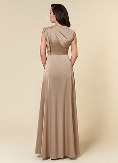 Azazie Narine Mother of the Bride Dresses Taupe A-Line High Neckline Pleated Stretch Satin Dress image5