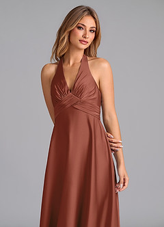 Azazie Tessie Bridesmaid Dresses Auburn A-Line Pleated Stretch Satin Dress image3