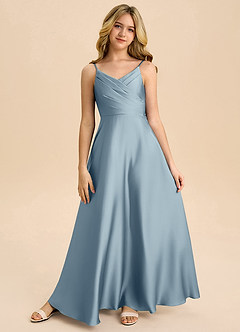 Azazie Bug Junior Abito A-Line in Raso Elasticizzato Plissettato Blu Polveroso image5