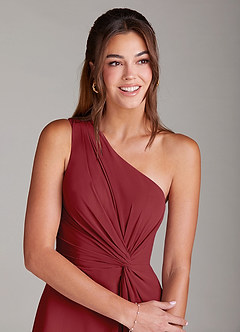 Azazie Brooke Bridesmaid Dresses Pomegranate A-Line One Shoulder Chiffon Dress image6