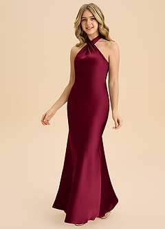 Azazie Chickie Junior Vestido de Borgoña de Satén Elástico de Corte Recto con Plisado image5