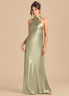 Azazie Velli Brudtärnklänningar Klä av Tubklänning i Metallisk satin Hög hals Mossgrön image3