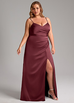 Azazie Azuree Bridesmaid Dresses Merlot A-Line Pleated Stretch Satin Dress image12