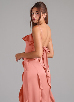 Azazie Malia Bridesmaid Dresses Coral A-Line Side Slit Stretch Satin Dress image2