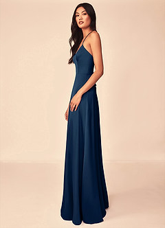 Azazie Mei Brautjungfernkleider A-Linie V-Hals Stretch-Satin Kleid Dunkelmarine image4