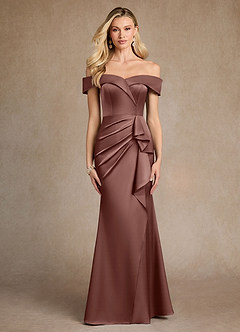 Azazie Laredo Mother of the Bride Dresses Espresso Mermaid Off the Shoulder Stretch Satin Dress image1