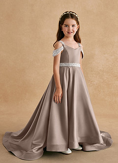 Azazie Jodi Flower Girl Dresses Taupe A-Line Matte Satin Dress image3