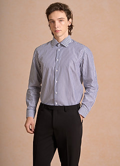 front Aiden White Navy Blue 100% Cotton Non-Iron Striped Dress Shirt