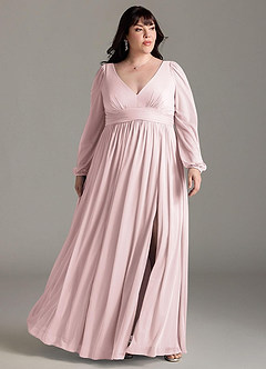 Azazie Norah Bridesmaid Dresses Blushing Pink A-Line V-Neck Long Sleeve Chiffon Dress image6