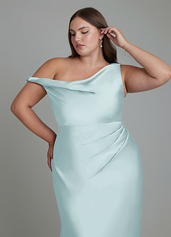 Azazie Emerson Bridesmaid Dresses Mist Mermaid Off the Shoulder Stretch Satin Dress image12