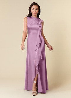 Azazie Narine Mother of the Bride Dresses Wisteria A-Line High Neckline Pleated Stretch Satin Dress image3