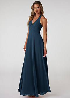 Azazie Tessie Vestidos de damas de honor Vestido Azul Marino Oscuro de Gasa de Línea A con Cuello en V plisado image3