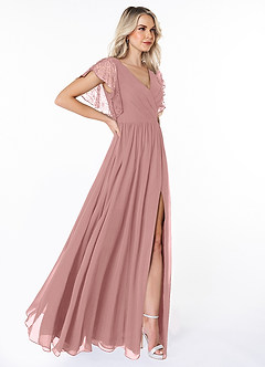 Azazie Zella Bridesmaid Dresses Dusty Rose A-Line Lace Chiffon Dress image4