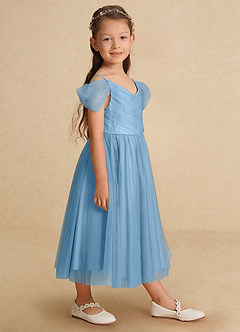Azazie Lizzette Flower Girl Dresses Steel Blue A-Line Ruched Tulle Dress image1