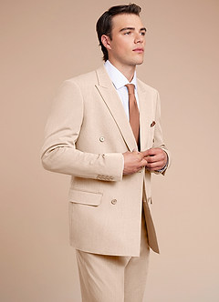 front Collins Tan Double Breasted Wool Blend Suit Jacket