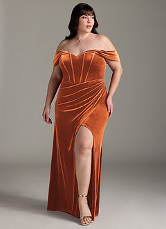 Azazie Jas Bridesmaid Dresses Burnt Orange Sheath Off-The-Shoulder Corset Velvet Convertible Dress image9