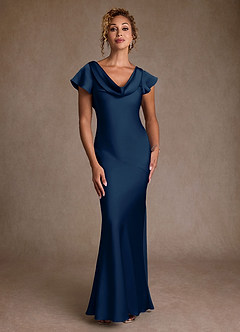 Azazie Shelby Mother of the Bride Dresses Dark Navy Mermaid Pleated Stretch Satin Dress image4