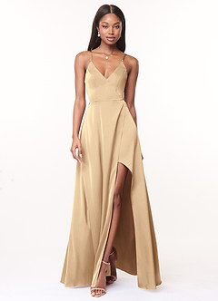 Azazie Maksim Robes de demoiselle d'honneur Robe Trapèze en Satin extensible Col en V Champagne image1