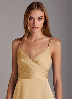 Azazie Calissa Bridesmaid Dresses Gold A-Line V-Neck Pleated Stretch Satin Dress image5