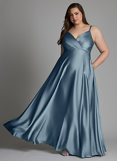 Azazie Amani At-home Try On Dresses Dusty Blue A-Line Pleated Stretch Satin Dress image6