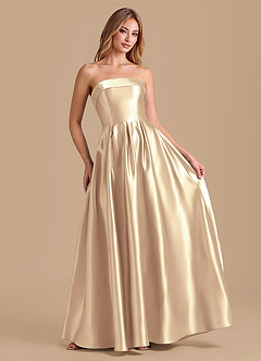 Azazie Lucienne Bridesmaid Dresses Gold A-Line Pleated Metallic Satin Dress image3