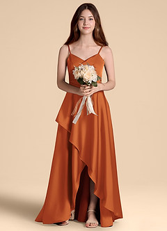 Azazie Prisha Junior Cinnamon A-Line Pleated Stretch Satin Dress image6