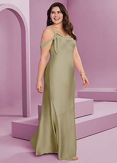 Barbie ♥ Azazie Vestidos de damas de honor Vestido de Musgo Verde de Satén Elástico de Corte Recto con Plisado image3