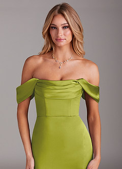 Azazie Saige Vestidos de damas de honor Vestido de Hierba De Limón de Satén Elástico de Corte Recto con Vestidos sin tirantes image7