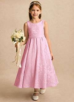 Azazie Goldie Flower Girl Dresses Powder Pink A-Line Pleated Floral Jacquard Dress image5