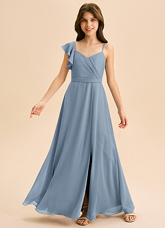 Azazie Kelsea Junior Vestido de Azul Polvoriento de Gasa de Corte en A con Volante image6