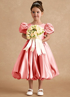 Azazie Jellybean Flower Girl Dresses Coral Ball-Gown Ruched Matte Satin Dress image3