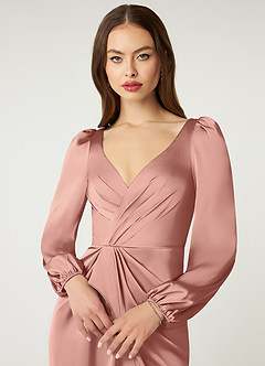 Azazie Mel Bridesmaid Dresses Rosette Sheath Long Sleeve Stretch Satin Dress image5
